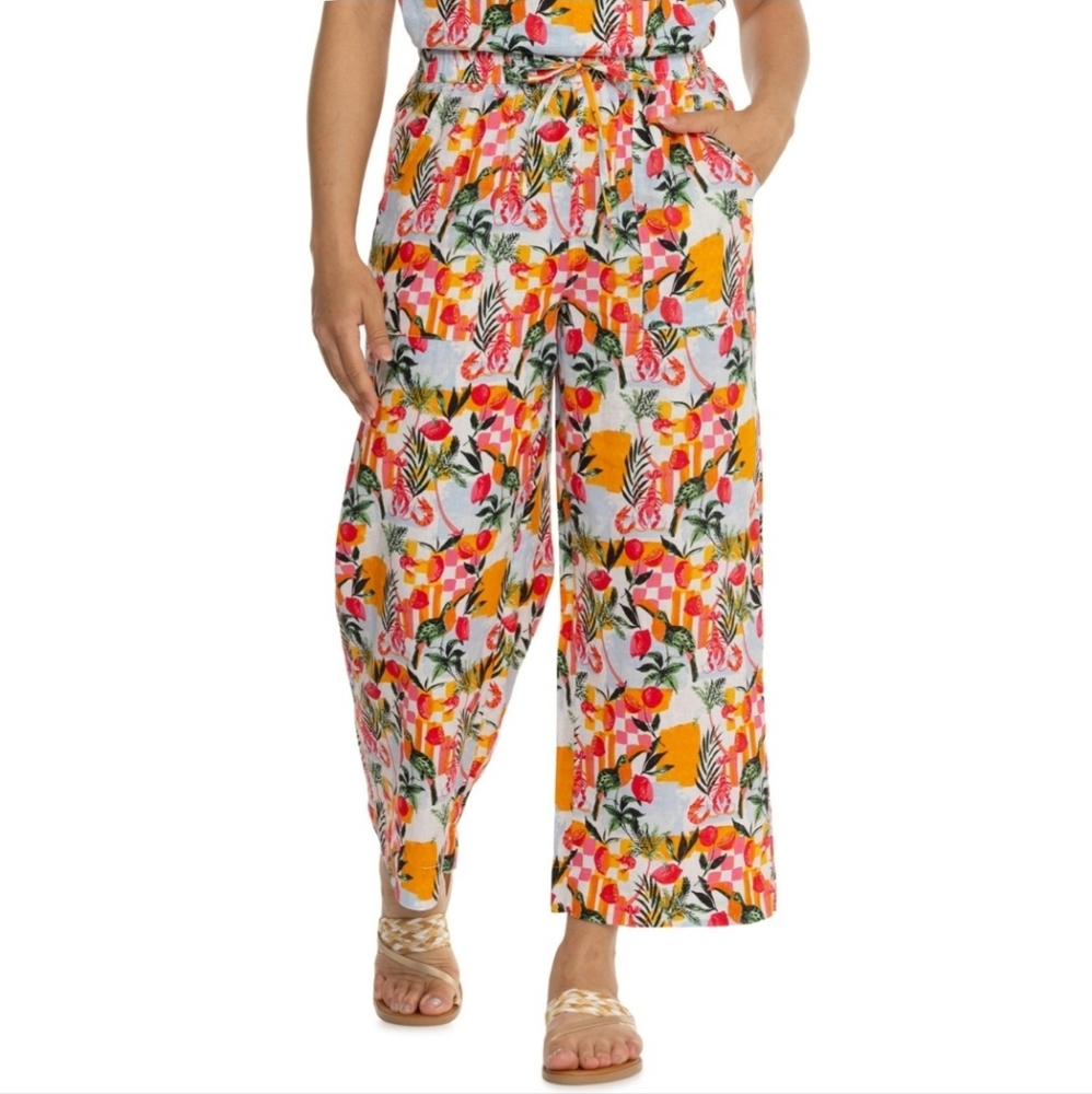 C&C California Linen Pants Sz M Colorful Fun Print Lobster Tangerines Lemons